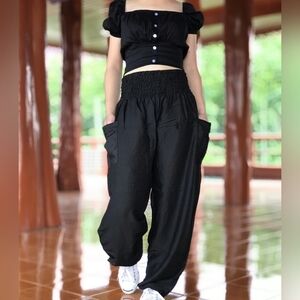 Black Thai Harem Pants XL | Boho Hippie Wide Leg Smocked Waist